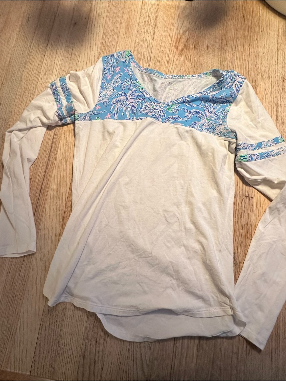 Lilly Pulitzer White Long Sleeve Top with Blue Floral Yoke